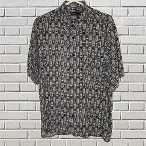 Manhattan Mens Button‎ Up Shirt Large Black Palm Trees Pattern Short Sleeve L